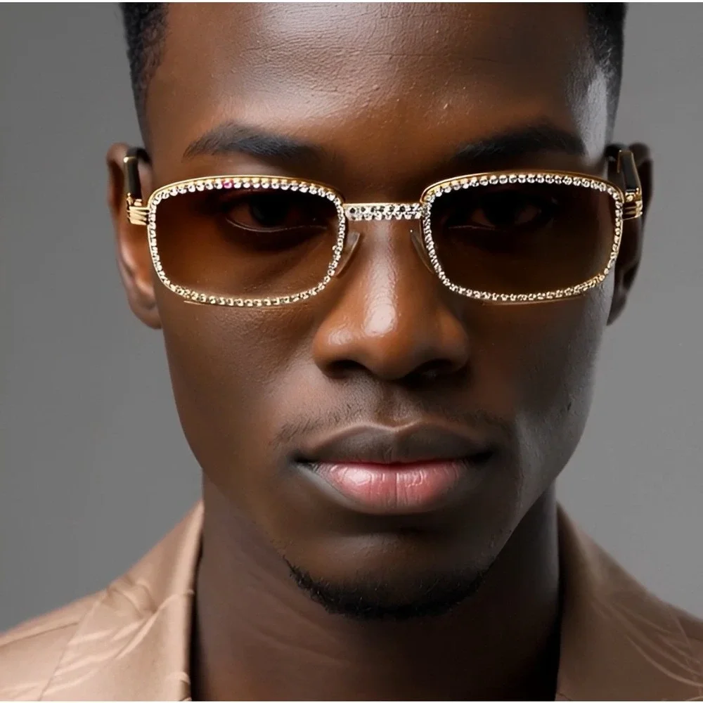 Men Sunglasses Diamond Gold Frame Brown Lens Rectangular Fashion Buffs Woody New